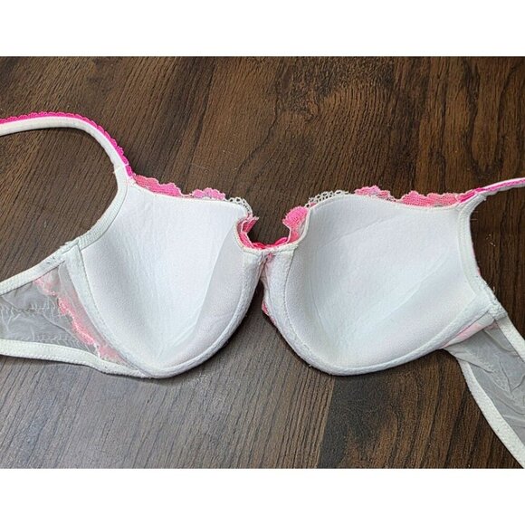 Pink & White Floral Lace Underwire Bra With Adjustable Straps & Mesh Sides Size - Picture 8 of 12